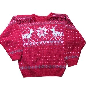Handmade Knit Kids Holiday Sweater, Unisex S, Reindeer & Snowflakes, Christmas